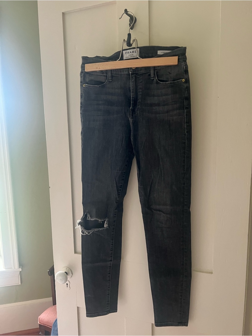 Frame Denim Dark Charcoal Grey Distressed Skinny Jeans
